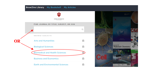 An image of BrowZine application home page showing how to seach for journals