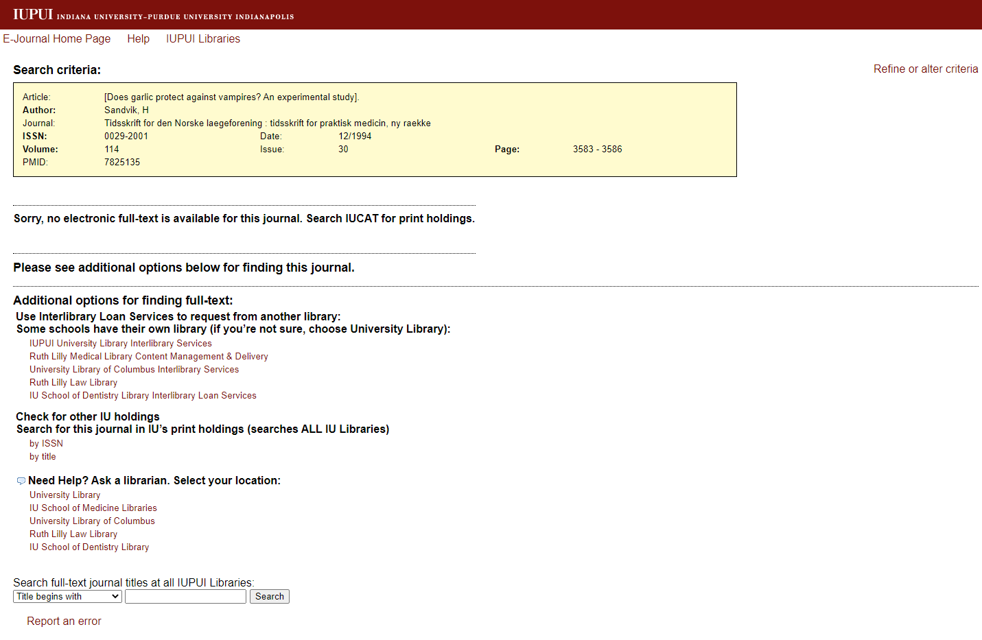 A screen shot of E-Journal Home Page from the IUPUI Libraries website