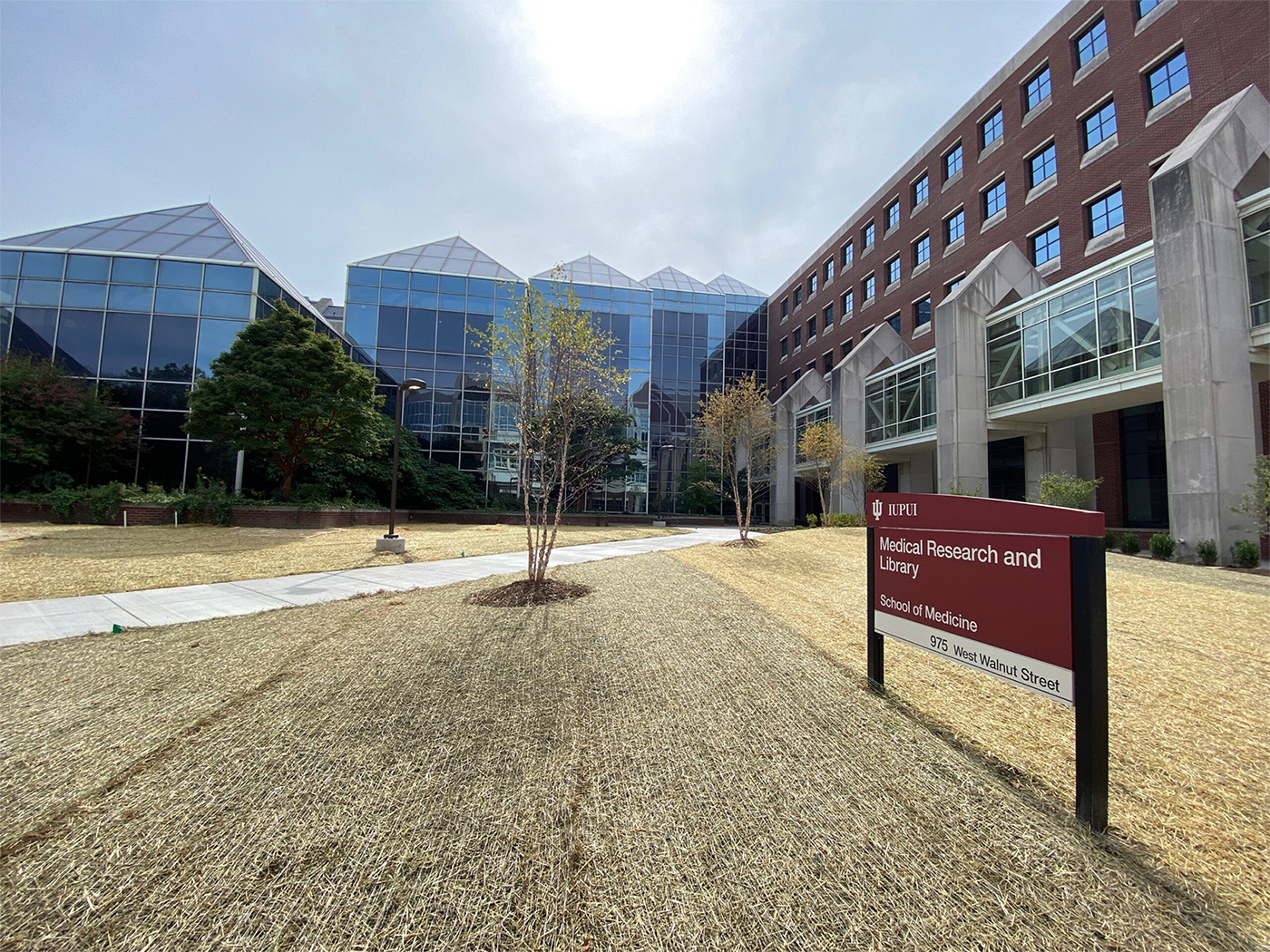 an image of the front entrance of the medical and research building at IU School of Medicine