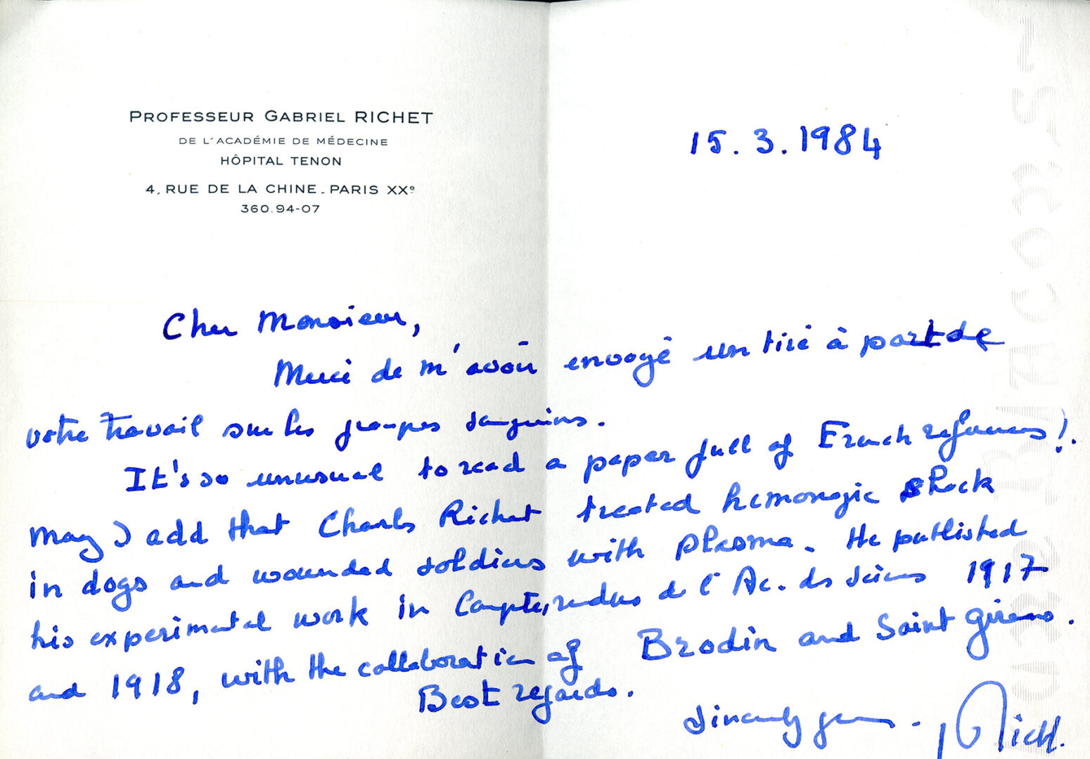 Handwritten letter from Gabriel Richet to William Schneider, March 15, 1984