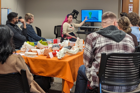 Makerspace manager, Cassandra Jones-VanMieghem, leads workshop with Anethesiology students.